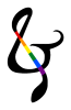A black treble ampersand with rainbow stripes. 