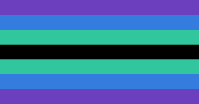 A Plural Journey Flag. It has seven stripes. From top to bottom, purple, blue, green, black, green, blue, purple.